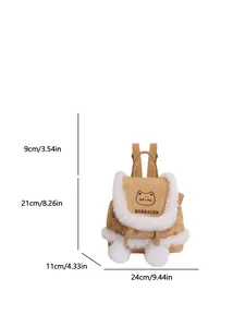 Brown corduroy mini backpack with plush trim and cat embroidery, size 24x21cm