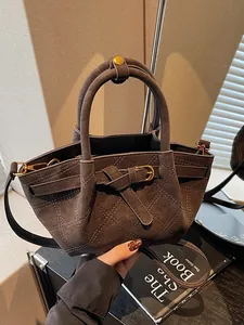 Sac Seau Vintage Rétro en Cuir PU pour Femmes Matelassage en Losange Boucle de Ceinture Sac Bandoulière à Main Mode Minimaliste
