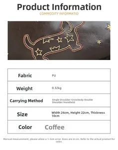 Tableau des tailles pour sac en PU marron avec broderie de chien et détails de mesures