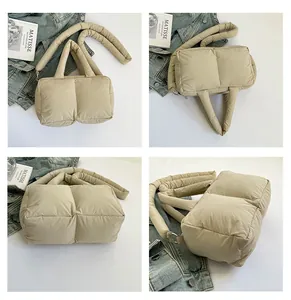 Detailed views of beige quilted puffer tote bag with padded handles and crossbody strap