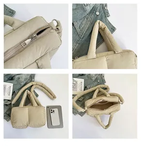 Detailed views of beige quilted tote bag showing zipper, handles and interior pocket