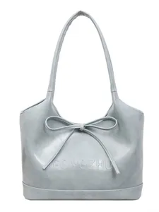 Sac cabas gris bleu minimaliste avec nœud décoratif et bandoulière pour femme