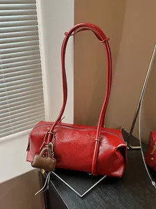 Women's PU Leather Pleated Cylinder Shoulder Bag Vintage Boston Bag With Mini Pendant Simple Fashion Crossbody Bag