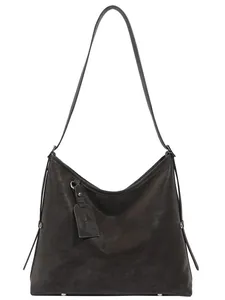 Retro brown large capacity tote bag with litchi texture and silver hardware details