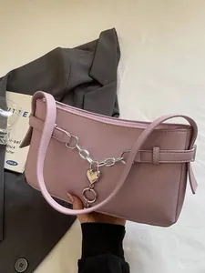 Women PU Leather Baguette Bag Vintage Lychee Pattern Underarm Shoulder Bag With Heart Charm Silver Chain Daily Fashion Handbag