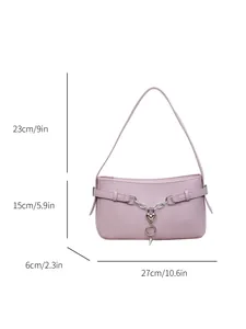 Lavender faux leather baguette bag with heart lock detail and silver chain strap