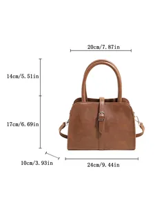 Brown faux leather square handbag with top handles and a detachable shoulder strap