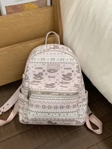 Women PU Leather Mini Backpack Cartoon Foal Print School Bag With Plush Bunny Pendant For Girls Casual Travel Daypack