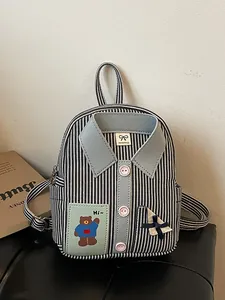 Women Creative Mini Backpack Shirt Design Checkered Striped Canvas Bag Small Preppy Style School Bag With Cartoon Bear Decor