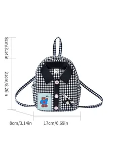 Mini black and white checkered tote bag with bear patch and pink button accents
