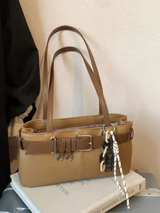 Women Vintage Canvas PU Patchwork Boston Bag Underarm Shoulder Bag With Belt Buckle Pendant Urban Simple Daily Tote Bag