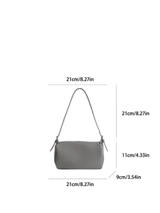 Gray pebble grain leather baguette bag dimensions 21x11x9cm for versatile shoulder use