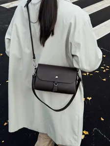 Retro dark brown rectangular flap crossbody bag with silver hardware on a female model