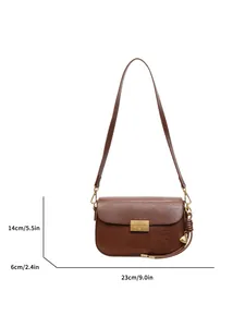 Brown leather baguette bag with gold buckle and shell charm showing 23cm length dimensions