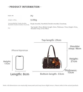 Detailed size chart for the large capacity tote bag with dimensions and phone comparison