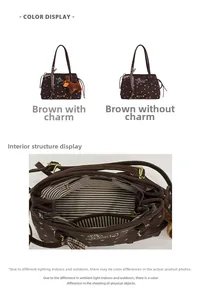 Detail of coffee brown tote bag showing puppy embroidery and striped lining with zipper pocket