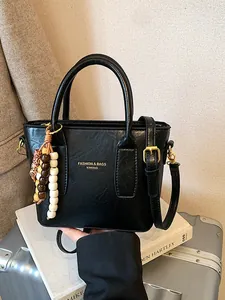 Women Vintage PU Leather Bucket Bag Chic Beaded Charm Handbag Versatile Shoulder Crossbody Bag Large Capacity Fashion Tote