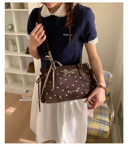 Detail of dark brown tote bag featuring star prints, dog embroidery and ribbon bow