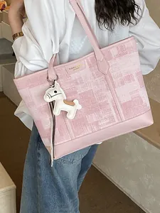 Borsa tote rosa patchwork da donna con spalline in pelle e ciondolo a forma di pony decorativo