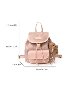 Pink suede minimalist women backpack with dimension markings and cute bear pendant