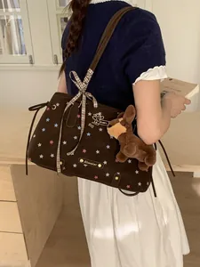Large coffee tote bag with star prints, puppy embroidery and a plush dog pendant