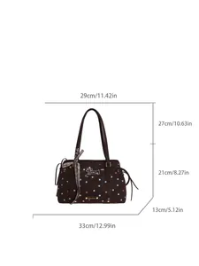 Large capacity brown tote bag with puppy print and dimensions showing 33cm base width