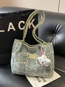 Women Commuting Tote Bag Woven Jacquard Fabric Geometric Pattern Shoulder Bag With Star Plush Pendant Fashion Handbag