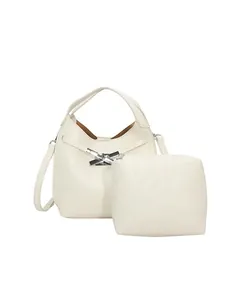 White bucket bag set with litchi grain leather and silver bow buckle for women