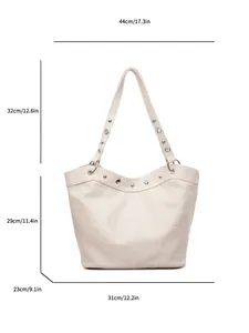 Large beige tote bag dimensions shown with strap height for daily commuting