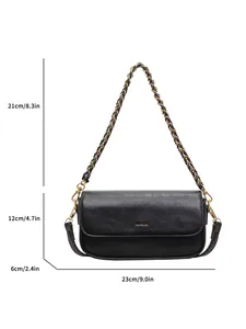 Retro black baguette shoulder bag with gold chain and dual straps, 23cm wide sleek design