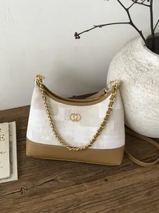 Sac à Épaule Rétro Épissage Femme Cuir PU Tissu Sangle de Chaîne Sac Sous le Bras Motif Géométrique Navettage Cadeau