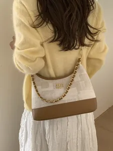 Sac fourre-tout rétro en toile avec garniture en cuir marron et chaîne dorée
