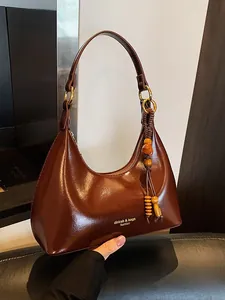Women Glossy PU Leather Hobo Bag Niche Design Shoulder Bag With Wood Bead Pendant Vintage Handbag Daily Crossbody Purse