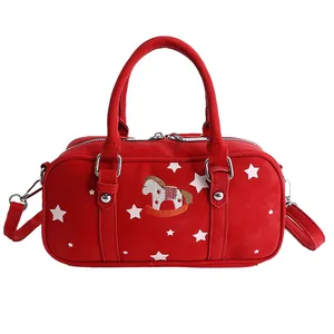 Red Boston bag with horse embroidery and white star patterns for daily use