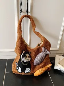 Sac Fourre-Tout en Peluche Mignon pour Femmes Avec Décoration de Chat et Poisson Grande Capacité Sac à Épaule en Polaire Douce Main d'Hiver
