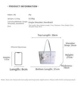 Size chart showing large capacity tote bag dimensions with iPhone size comparison