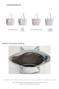 Detail view of large tote bag featuring striped interior lining and inner zipper pocket
