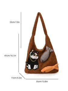 Sac cabas en peluche marron avec broderie chat et dimensions de taille détaillées