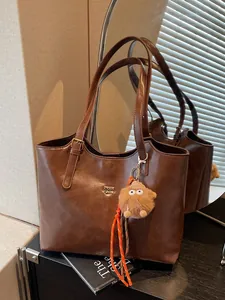 Large Capacity PU Leather Tote Bag For Women Vintage Daily Commute Shoulder Bag With Adjustable Strap And Plush Monster Charm