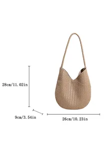 Retro geflochtene Eimertasche aus Leder in Hellbraun mit langen Schultergurten
