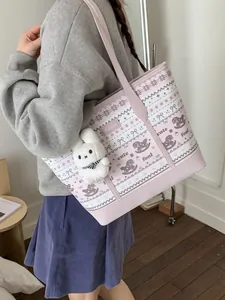 Large capacity printed canvas tote bag with pink trim and cute plush rabbit charm