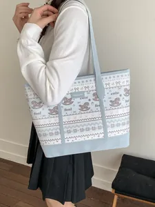 Chic light blue printed tote bag with cute horse patterns for women's daily commute