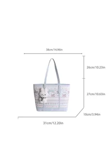 Large blue tote bag with dimensions: 38cm width, 27cm height, and 26cm strap drop
