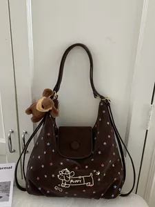 Women Vintage PU Leather Tote Bag Colorful Star Print Cartoon Puppy Embroidery Casual Shoulder Bag Large Capacity Handbag