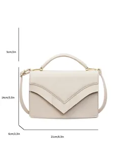 Minimalist beige textured leather handbag with dimensions 21x14x6cm and top handle