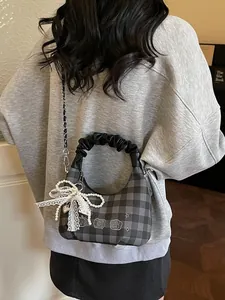 Gray plaid hobo bag with pleated handle, bear embroidery and lace pearl pendant decor