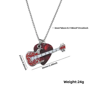 Macro detail of rock guitar pendant with red accents and steel chain dimension specs