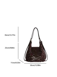 Brown tote bag with colorful stars, puppy print and dimensions: 33cm x 25cm x 11cm