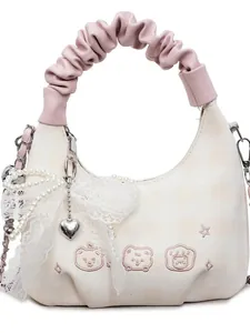 Beige ruched dumpling bag with pink handles, cute bear embroidery and lace bow detail