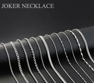 Détails de diverses chaînes de collier en acier inoxydable argenté, styles maille et boîte